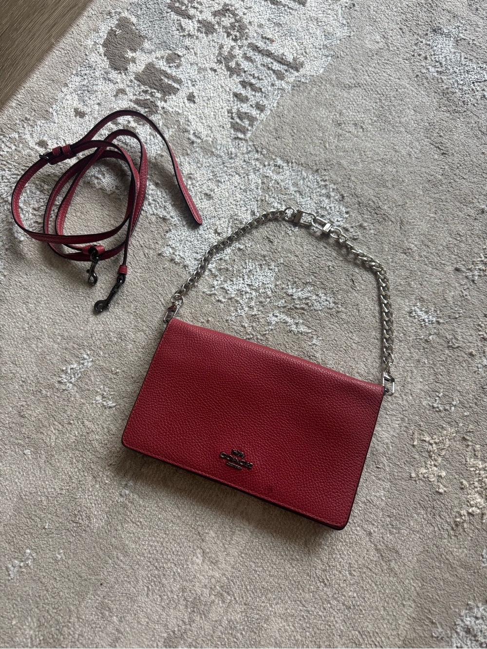 Coach Pebbled Leather Shoulder Bag in Red with 2 Chains (good condition)